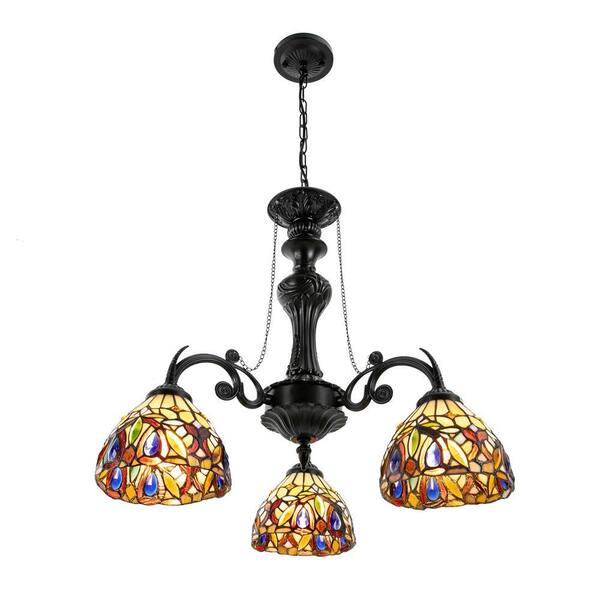 OUKANING 23.62 in. 3-Light Black Retro Chandelier with Colorful