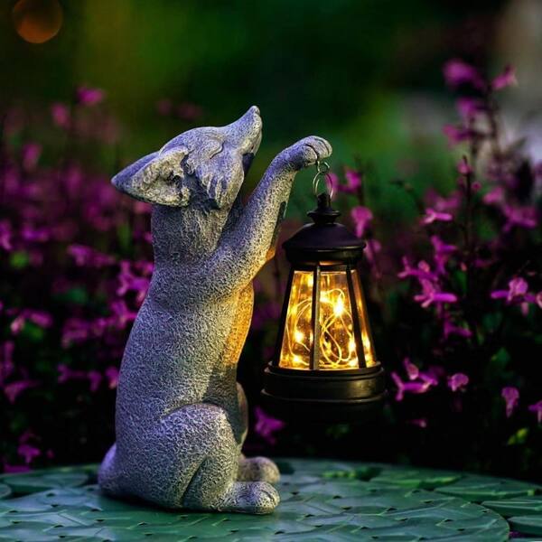 4 in. x 8 in. Gray Resin Fox Garden Statue with Solar Power Light