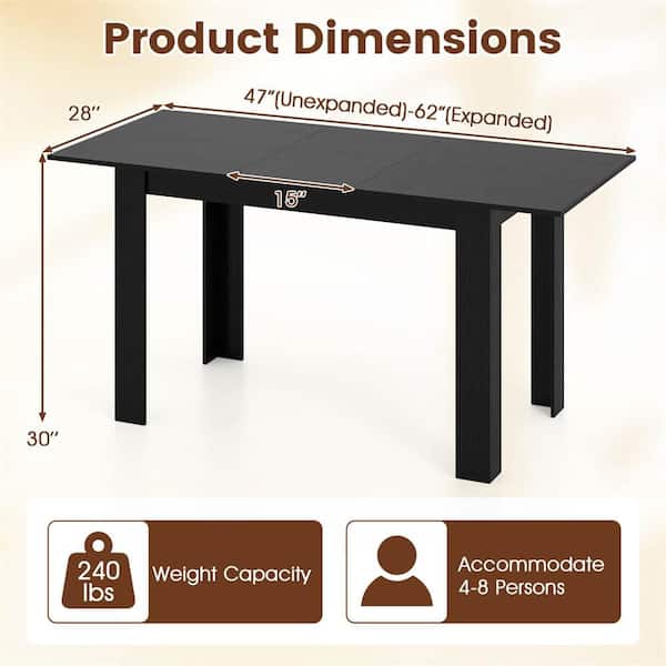 Black Wood 47-62 in. Extendable 4 Legs Base Dining Table Seats 4-8 People for Dining Room Home Office