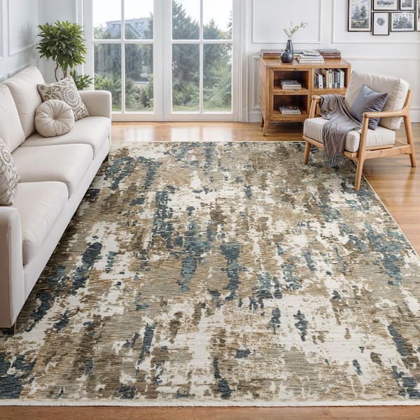 Eclipse Beige/Blue 8 ft. x 11 ft. Distressed Contemporary Abstract Polyester Fringe-Edge Indoor Area Rug
