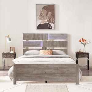 Modern Brown Farmhouse Queen Headboard and Footboard Set with Lights