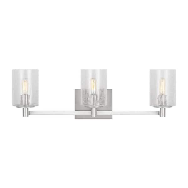 Generation Lighting Parker 24.625 in. W 3-Light Brushed Steel Bathroom Vanity Light with Clear Crackle Glass Shades and LED Bulbs Included