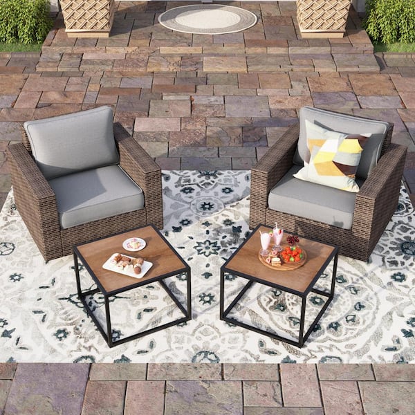 PHI VILLA Brown Rattan Wicker 2 Seat 4-Piece Steel Outdoor Patio Conversation Set with Grey Cushions and 2 Swivel Rocking Chairs