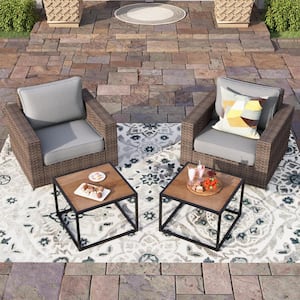Brown Rattan Wicker 2 Seat 4-Piece Steel Outdoor Patio Conversation Set with Grey Cushions and 2 Swivel Rocking Chairs