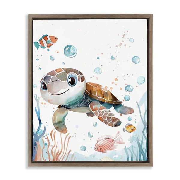 Stupell Industries Smiling Baby Turtle by Franklyn Gregory Brown Floater Frame Animal Graphic Art Print 31 in. x 25 in.
