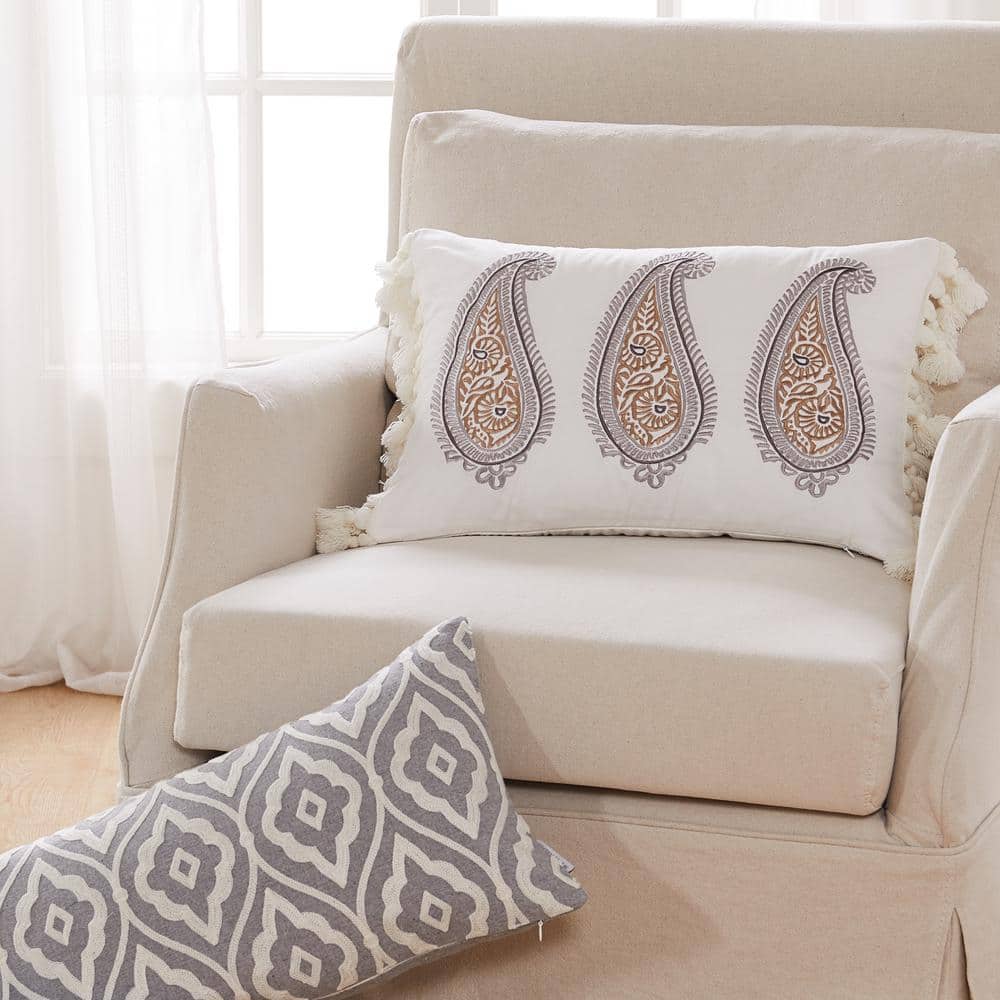Tamsin Grey and Off-White Embroidered Rectangular Pillow