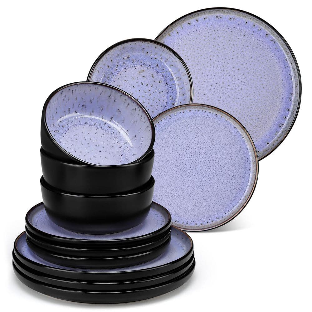 Stoneware Dinnerware Sets Purple And Black Dishes 16pc Stoneware