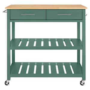 Glenville Endive Green Rolling Kitchen Cart with Butcher Block Top, Double-Drawer Storage and Open Shelves (36" W)