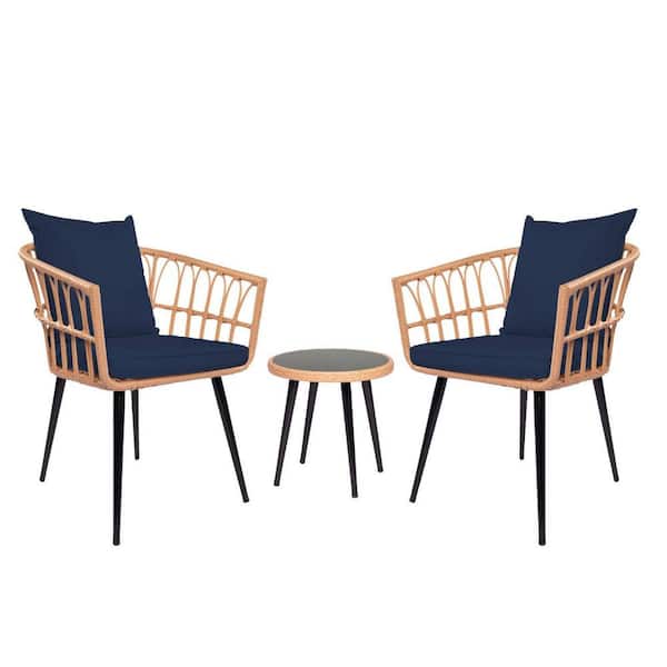 Zeus & Ruta 3-Piece Patio Wicker Round 16 in. H Cafe Table Outdoor Bistro Conversation Set Rattan Chair with Dark Blue Cushions