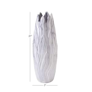 21 in. White Marbled Ceramic Decorative Vase with Angled Edge Opening