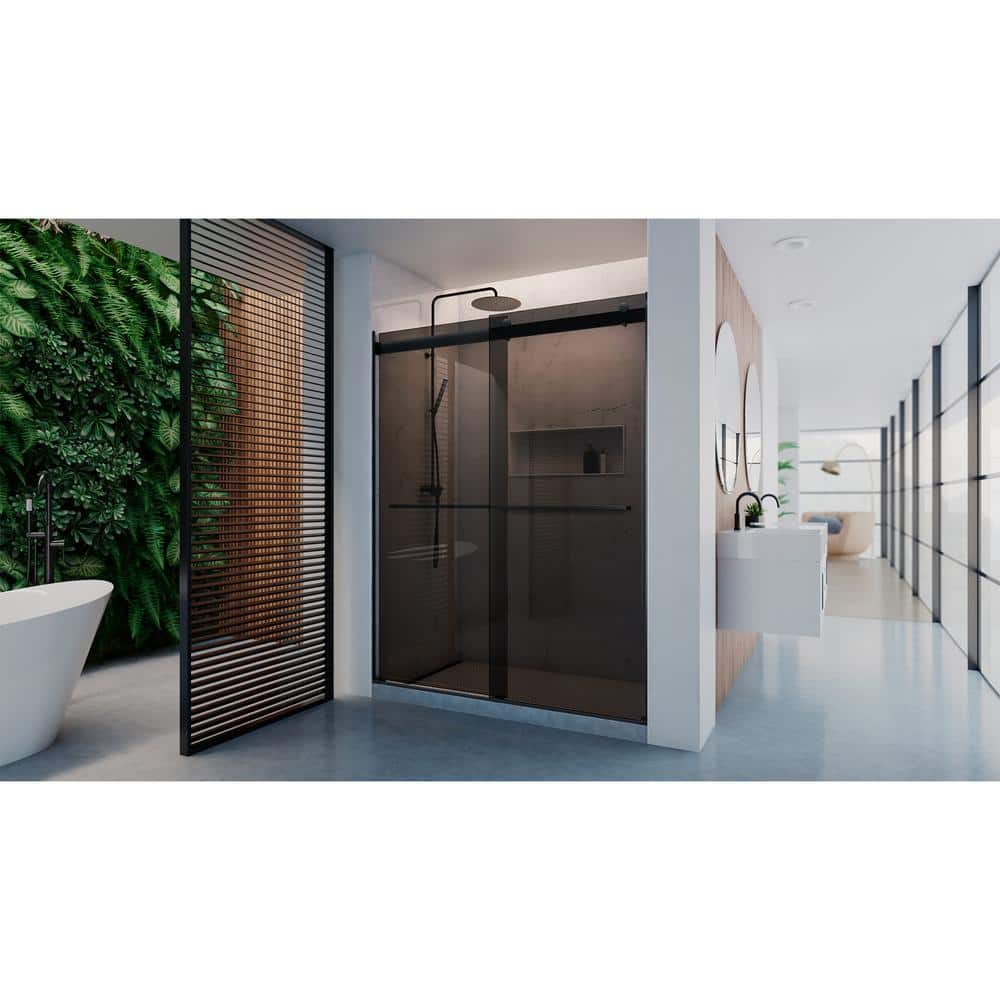 Matte Black Frameless Smoke Gray Glass Sliding Shower Door