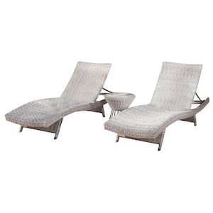 Gray 3-Piece Faux Rattan Outdoor Chaise Lounge and Accent Table Set