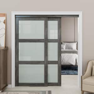 72 in. x 80 in. 3-Lites Tempered Frosted Glass Dark Walnut MDF Closet Sliding Door with Hardware Kit