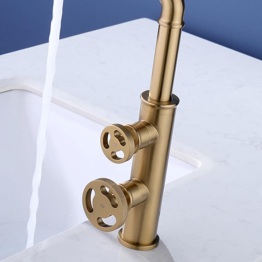 Brushed Gold Industrial Style Brass Bathroom Faucet with Dual Handles