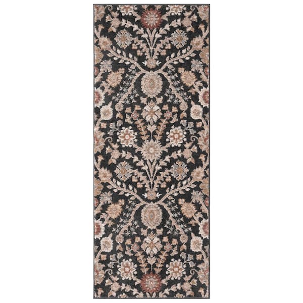 Nepal 2 ft. x 6 ft. Black Floral Area Rug