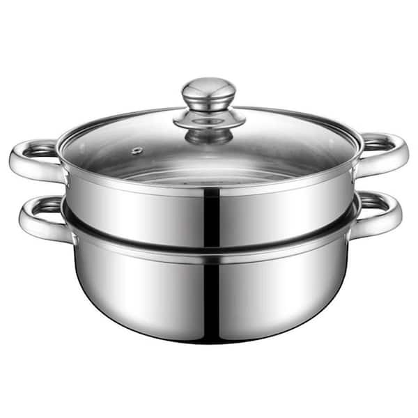 2-Tier 18/8 Stainless Steel Steamer Pot with Glass Lid Multipurpose Induction Cookware for Vegetables Dumplings