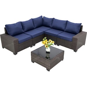 Brown 6-Piece Wicker Outdoor Patio Conversation Set with Glass Top Table and Dark Blue Cushions
