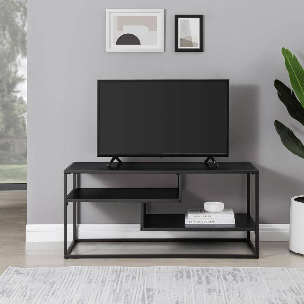 40 in. Solid Black Wood and Metal Modern Open-Storage TV Stand for TVs up 43 in.