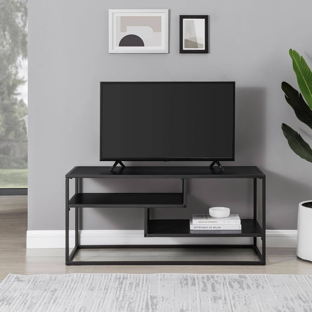 40 in. Solid Black Wood and Metal Modern Open-Storage TV Stand for TVs up 43 in.