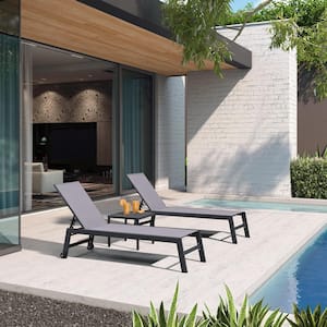 Textilene 3-Pieces Outdoor Pool Lounge Chairs with Side Table and Wheels, Light Grey