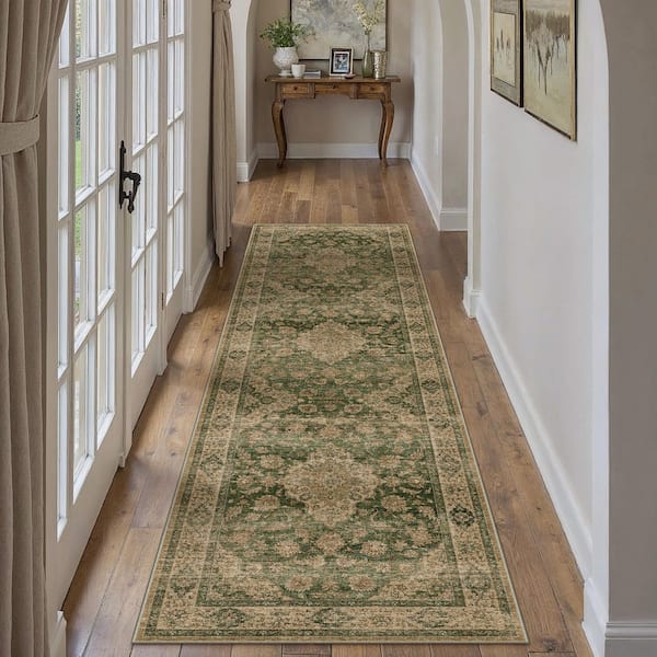 Goodberg 2 ft. X 8 ft. Green Vintage Medallion Distressed Runner Rug