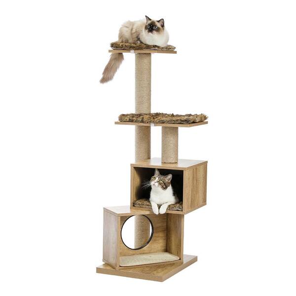 Wood Cat Tree Modern Cat Tower Sisal Scratching Post Double Condos