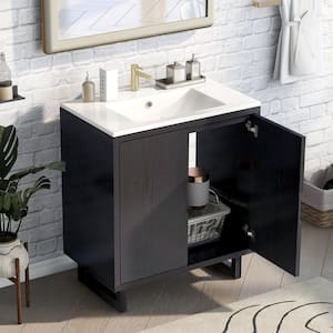 30 in. Black Bathroom Vanity Set Combo Storage Cabinet with Solid Wood Frame and White Sink