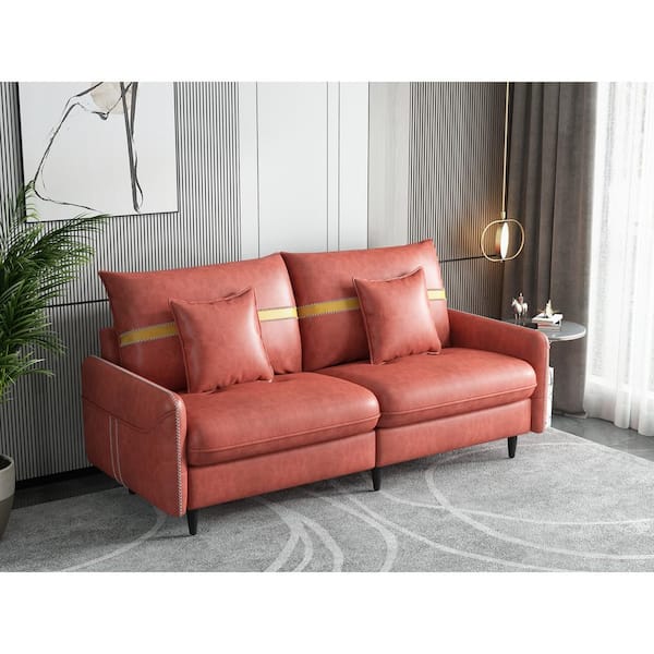 GODEER 73 in. W Straight Arm Fabric Straight 3-Seat Sofa Couch, Studio 2 Pillows Included in Orange