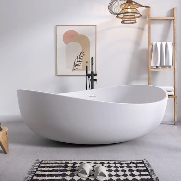 71 in. x 43 in. Solid Surface Stone Resin Flatbottom Freestanding Bathtub Soaking Bathtub in Matte White