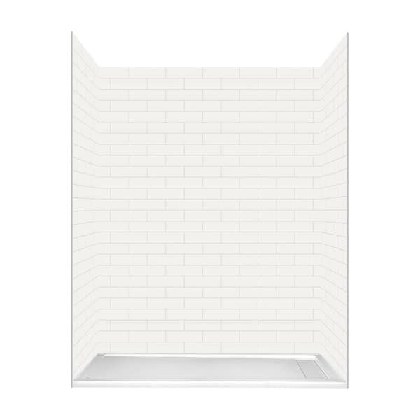 60 in. L x 32 in. W x 78 in. H 4-Piece Glue Up Alcove Shower Wall and Right Concealed Drain Base in White Subway