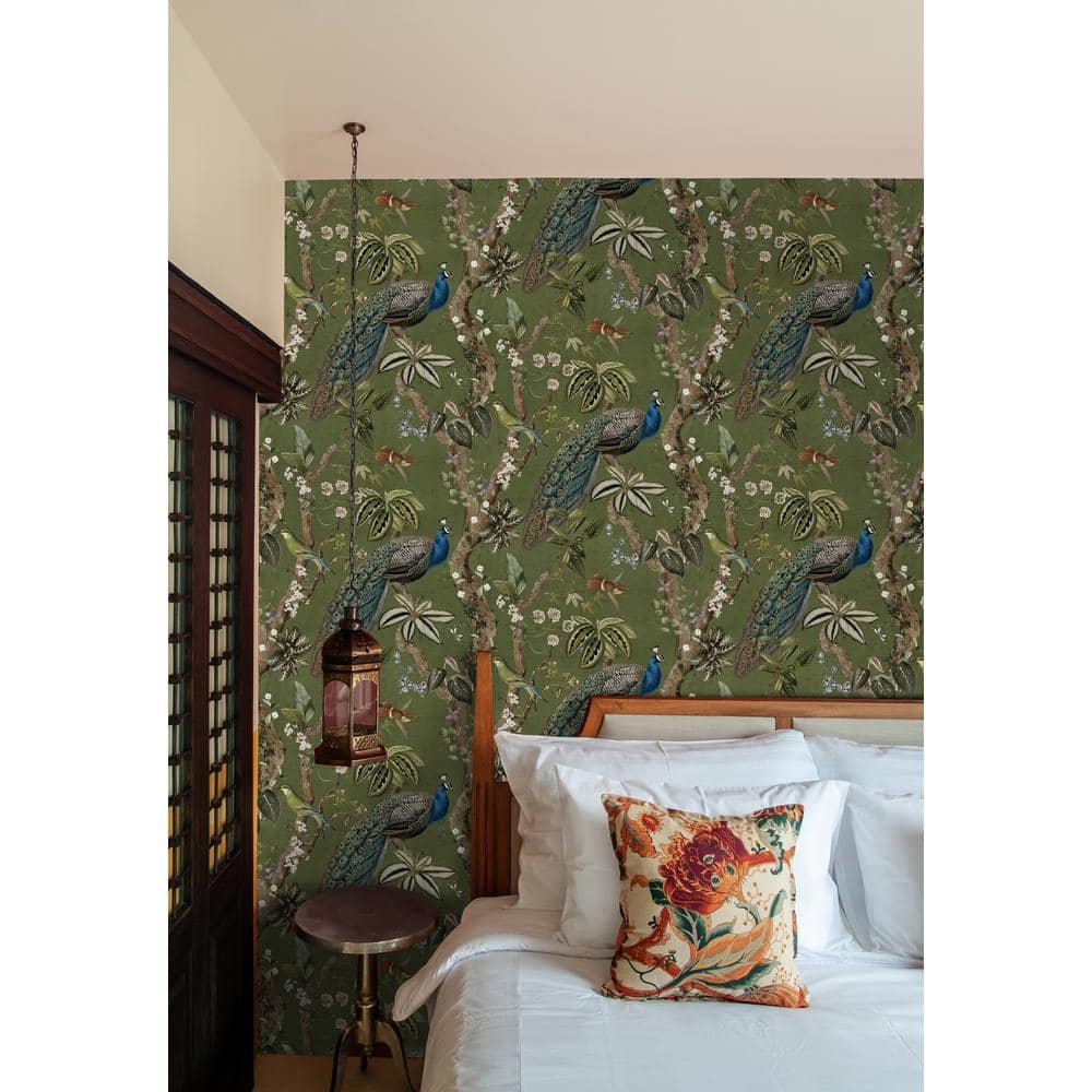 Cassia Peacock Green Non-Woven Botanical Wallpaper