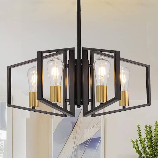 4-Light Gold Farmhouse Chandelier for Kitchen Island, Hanging Industrial Metal Chandelier