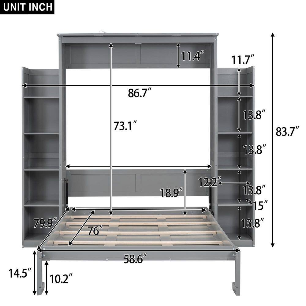 Gray Wood Frame Queen Size Murphy Bed Wall Bed with Storage Shelves and LED Lights - thumbnail 2