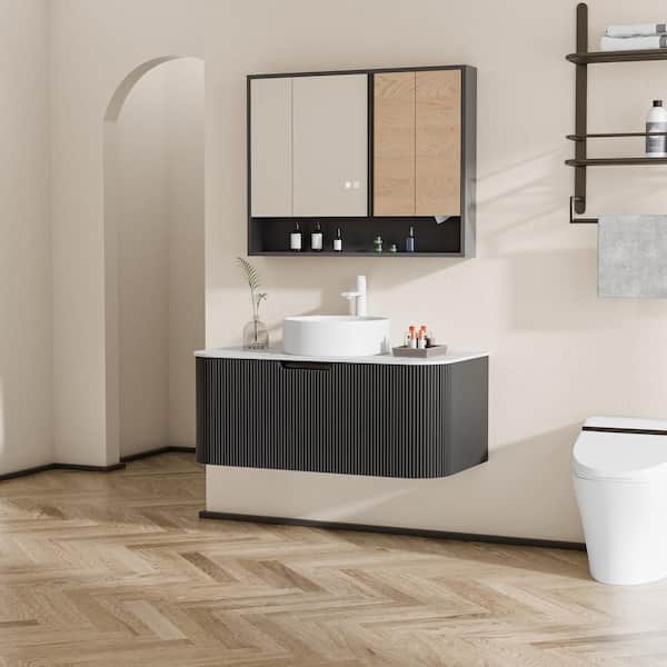 Baye 35.83 in. W Floating Black Bath Vanity with White Ceramic Sink and White Engineered Marble Top Unassembled