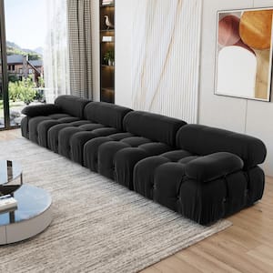 139 in. Convertible Velevt Modular Flared Arm Free Combination 4 Seater Sectional Sofa, Black