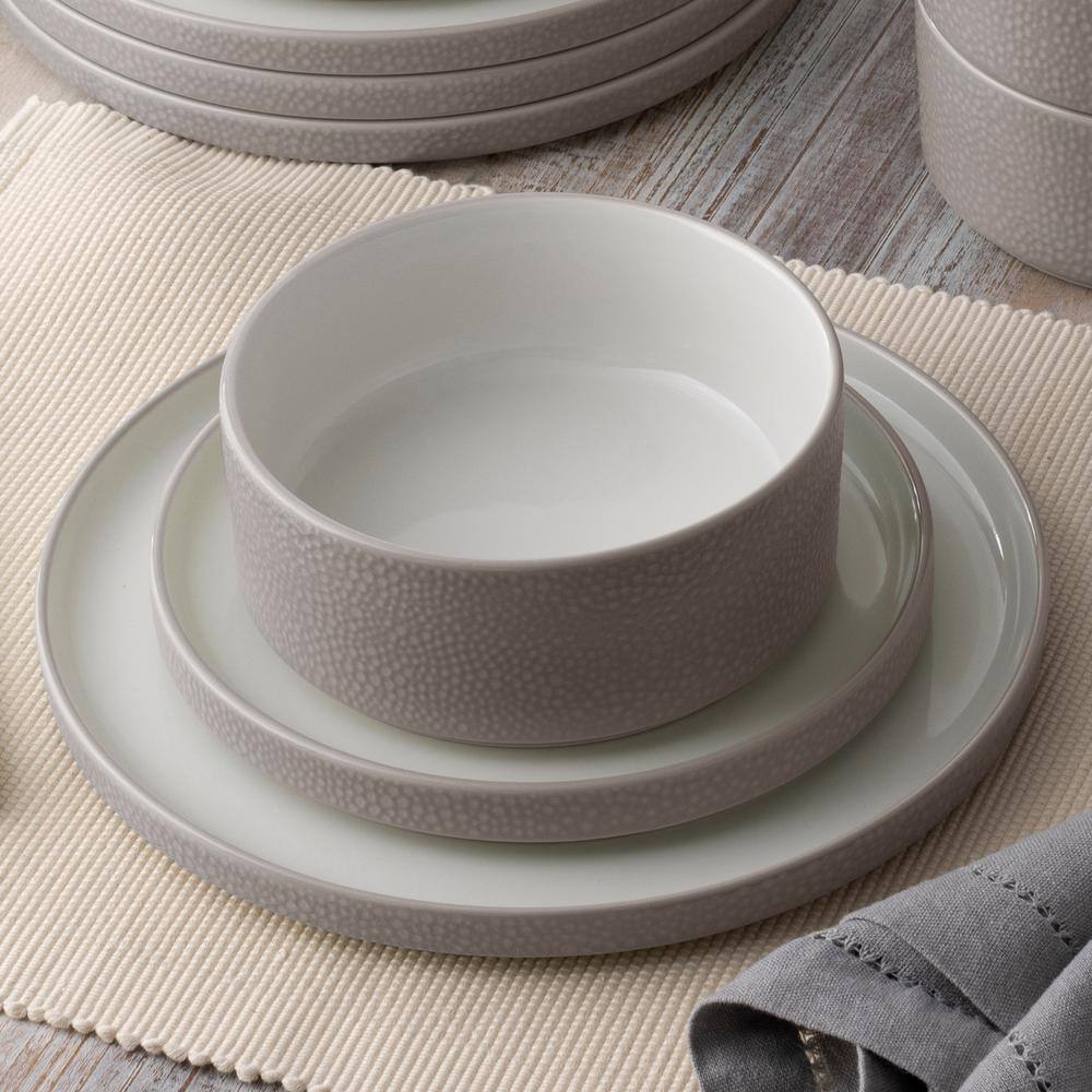 Taupe and White Porcelain 12-Piece Dinnerware Set, Service for 4