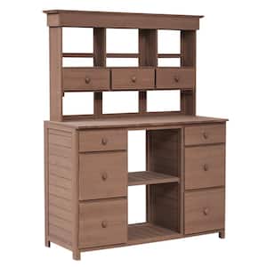 50.1 in. W x 65.7 in. H Brown Potting Bench Table Fir Wood Workstation with Open Shelf and Multiple Drawers, Side Hook