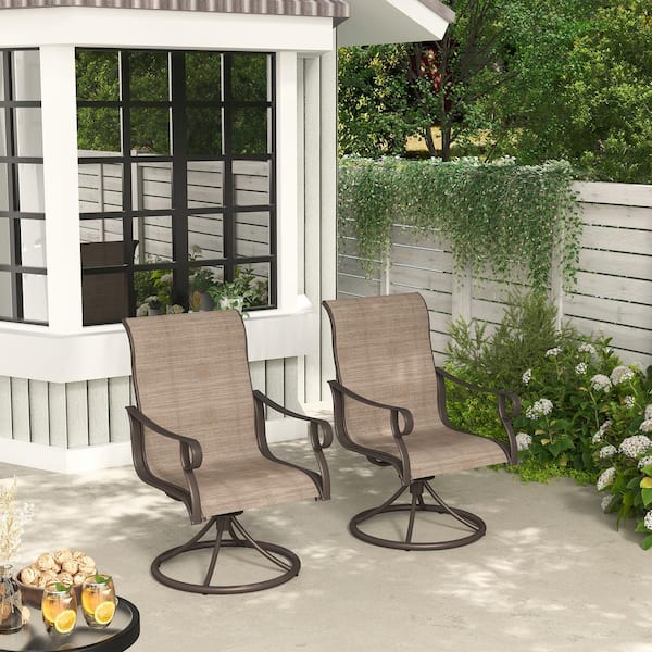 Steel Textilene Outdoor Dining Chair 360-Degree Swivel Chair for Deck Lawn Garden - Brown (Set of 2)