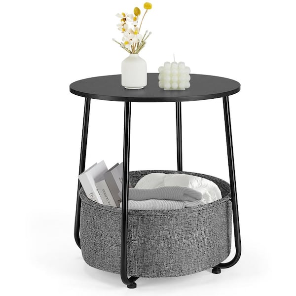 AFAIF Small Round Side End Table with Fabric Basket for Living Room, outdoor, Side Table with Steel Frame