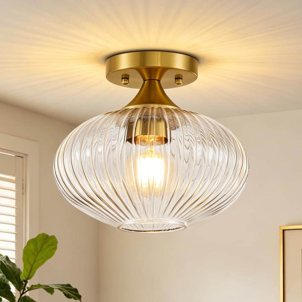 9.45 in. 1-Light Brushed Gold Vintage Flush Mount with Ribbed Clear Glass Shade Perfect for Entryway, Hallway & Bedroom price history on PriceWatchPro