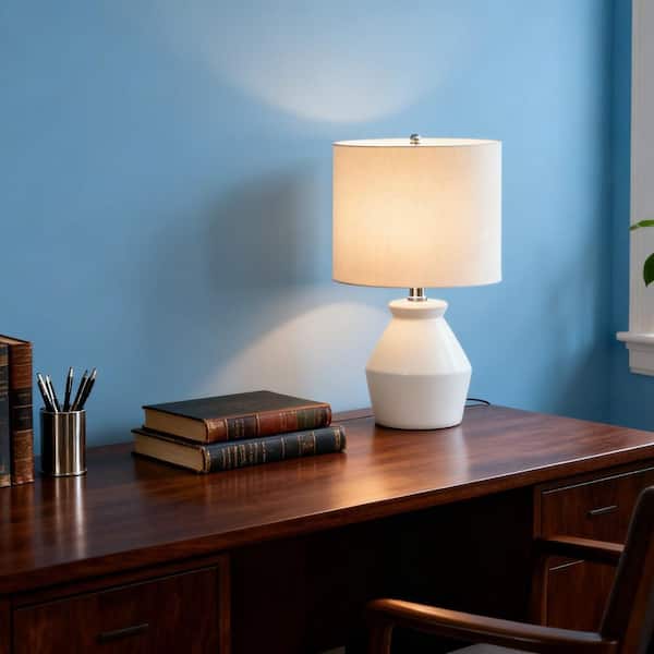17 in. White 1-Light Ceramic Architect Table Lamp with Ivory Drum Shade, Modern Accent for Bedroom Living Room Office