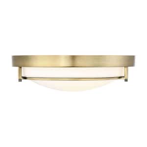 13 in. W x 4 in. H 2-Light Semi-Flush Mount with Natural Brass Metal Ring and White Glass Shade