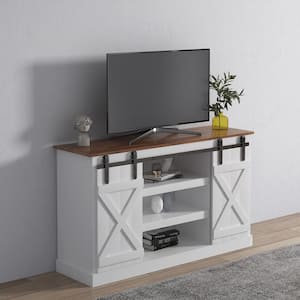 53.94 in.Width Wood Farmhouse Sliding Barn Door Storage TV Stand for TV up to 65 Inch in White