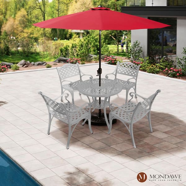 5-Piece White Cast Aluminum Standard Height Outdoor Dining Set with 31 in. Round Table and 2-Dining Chairs