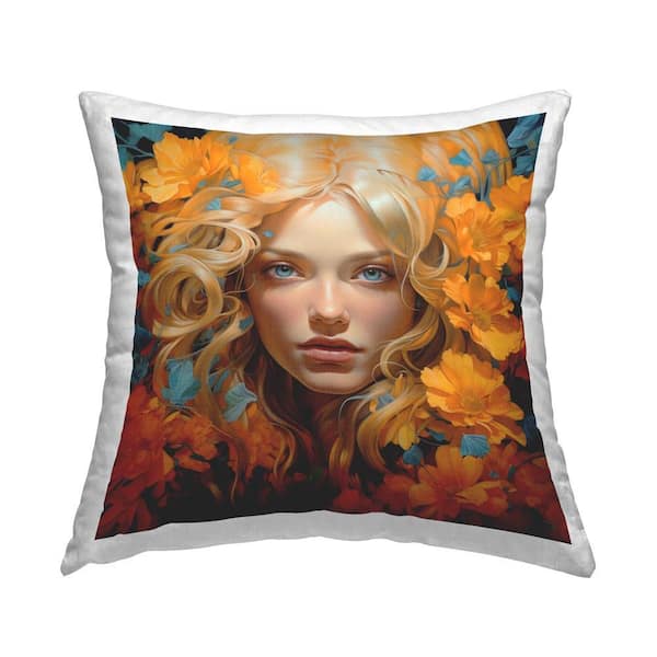 Stupell Industries Orange Floral Girl Orange Floral Polyester 18 in. x 18 in. Throw Pillow