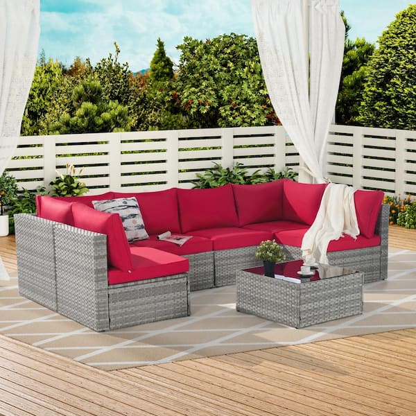 Runesay 7-Pieces Wicker Rattan Outdoor Furniture Sofa Sectional And Table Set with Bright Pink Cushions