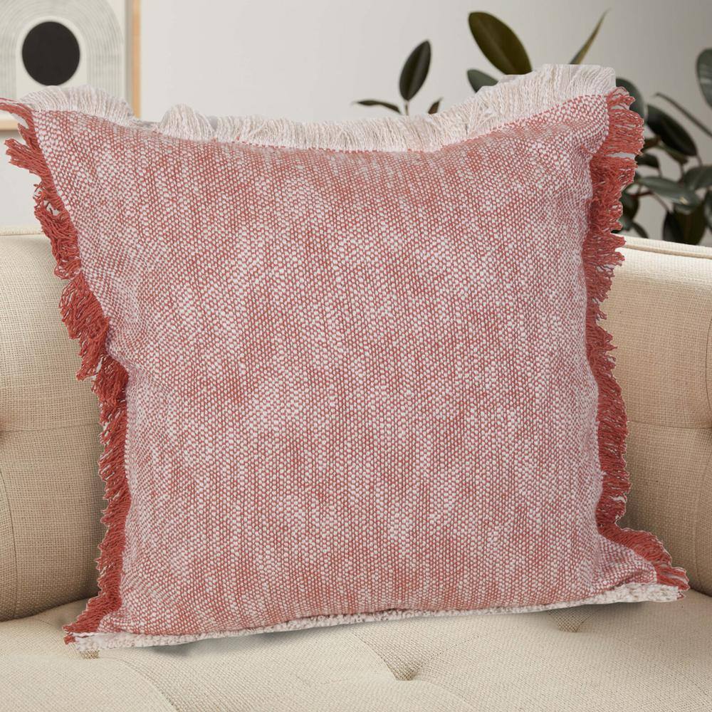 Sevita Auburn Red & White Cotton Fringe Square Throw Pillow - 20" x 20"