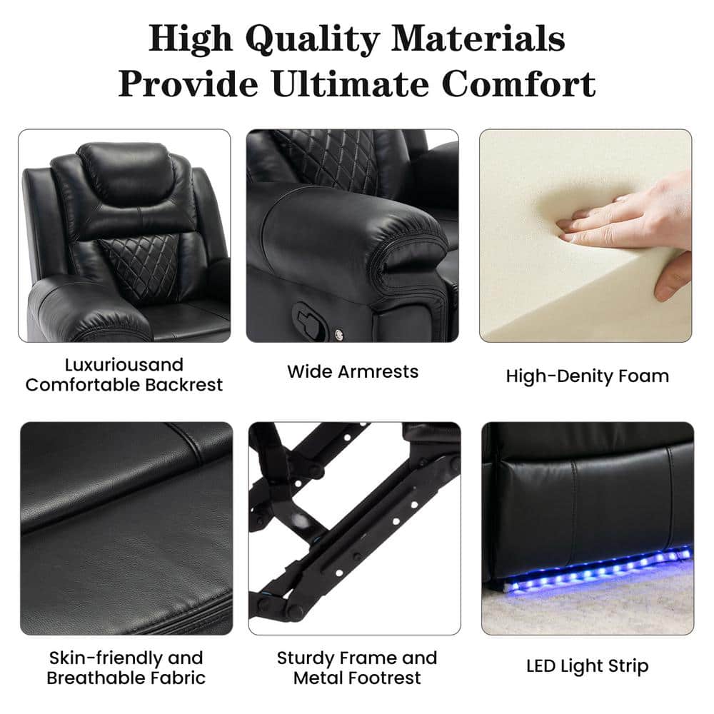 Collage of product features including the backrest, armrests, foam, fabric, frame, and LED strip.