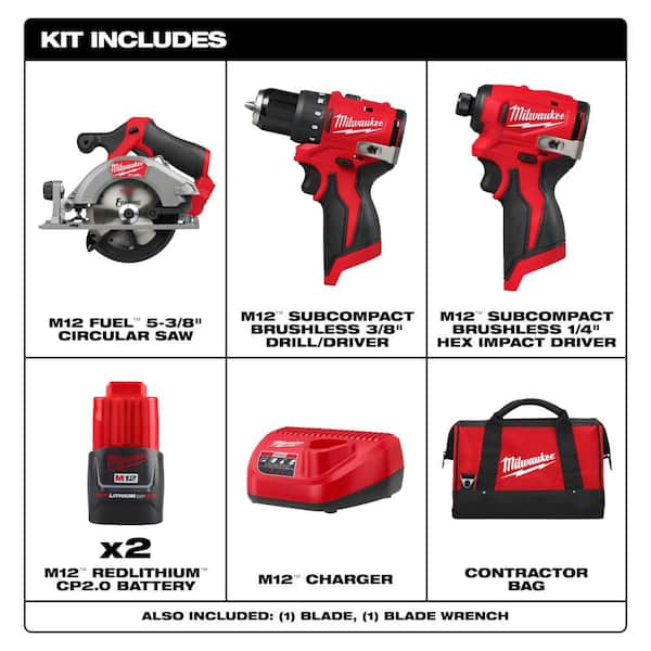 M12 FUEL 12V Lithium-Ion Brushless 5-3/8 in. Cordless Circular Saw, &Drill Impact Driver Kit
