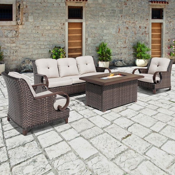 Patio Time Brown 4-Piece Wicker Patio Rectangle Fire Pit Conversation Set with Beige Cushions and Stationary Chairs